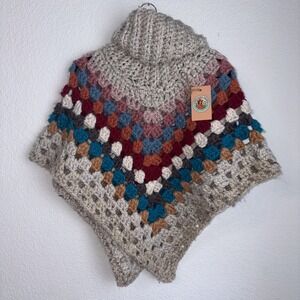 Hand Crochet Knit Wool Blend Campfire Poncho Retro Bohemian Onesize Handmade